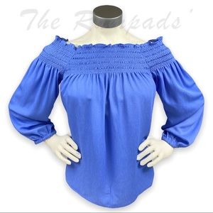 NWOT Ann Taylor Light Blue Scrunched Neck Off the Shoulder Blouse Size S…